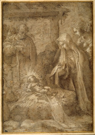 A Pásztorok imádása (fémhegy, toll és tinta mosással és gouache papíron) alkotó: Pompeo (fl.1569 71) (attr. to) Cesura
