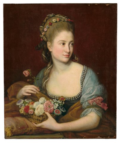 Flóra alakos hölgy portréja, félalakos, kezében egy fonott virágkosár alkotó: Pompeo Girolamo Batoni