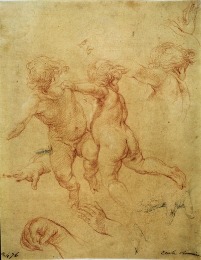 Tanulmány két puttóhoz (Két repülő puttó. Tanulmány), 1740 körül (sanguine) alkotó: Pompeo Girolamo Batoni