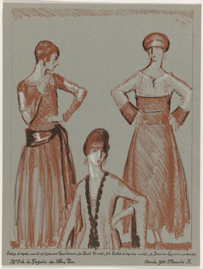 Gazette du Bon Ton, 1921 - No. 3, Pl. X: Délutáni ruha és szabott öltöny, Paul Poiret és délutáni ruha, Jeanne Lanvin (cím a tárgyon) alkotó: Porter Woodruff