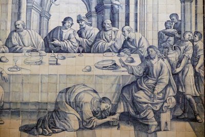 Irgalmasság temploma. Azulejos. Jézust egy bűnös nő keni fel a Lukács 7:36-50-ben. Evora. Portugália. alkotó: Portuguese School