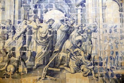 Irgalmasság temploma. Azulejos. A templomi narratíva megtisztítása. Jézus. Evora. Portugália. alkotó: Portuguese School