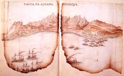 Cotton Tiberius D. IX, ff.11v-12 Aguada kilátása, illusztrációja Estevao de Gama „Egy Goa útja a Vörös-tengerig” című művéből alkotó: Portuguese School