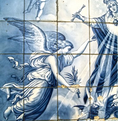 Dísztábla, amelyen Gábriel arkangyal és Szűz Mária egy szárnyas kígyót összezúz, Lamego, Portugália. 1738 alkotó: Portuguese School