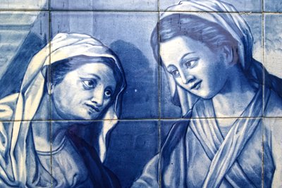 Részlet Mary találkozásáról a fogadós feleségével, díszítőtábla, amely Máriát és Józsefet ábrázolja, amint megérkeznek a fogadóba, Lamego, Portugália. 1738 (kerámia csempe) alkotó: Portuguese School