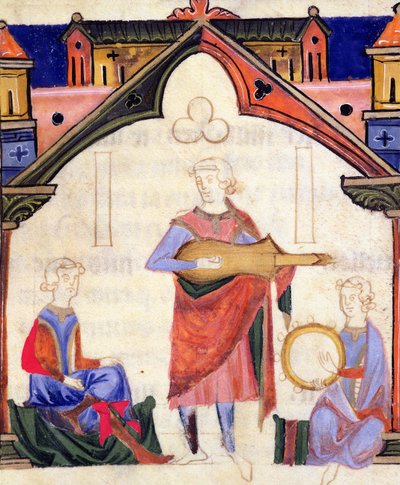Fol.12v Zenészek gitáron és tamburán, a Chansonnier des Nobles alkotó: Portuguese School