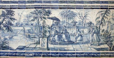 Gyümölcskóstoló egy ázsiai tó közelében - Azulejos, festett fajansz alkotó: Portuguese School