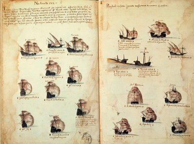 Kéziratos oldal „” Portugália armadáinak emlékei I. Mánuel király alatt (1469-1521)””, amely a portugál flottákat képviseli. 1533 B.N. Párizs alkotó: Portuguese School