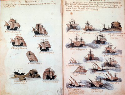 Kéziratos oldal „” Portugália armadáinak emlékei I. Mánuel király alatt (1469-1521)””, amely a portugál flottákat képviseli. 1523 B.N. Párizs alkotó: Portuguese School