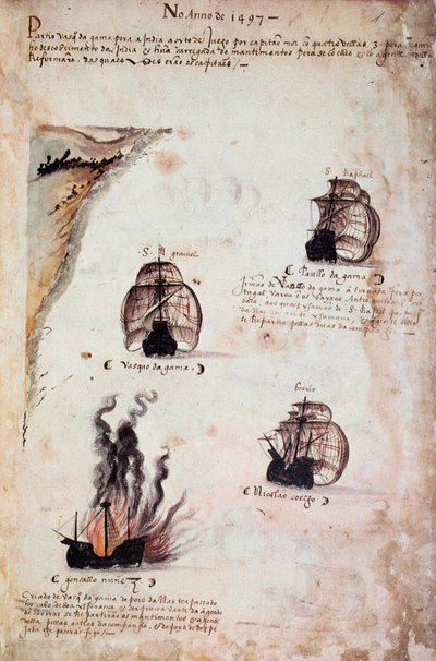 Kéziratos oldal „” Emlékművek Portugália armadáiról I. Mánuel király (1469-1521)” alatt, amely az 1497. évi portugál flottákat ábrázolja. 1523 B.N. Párizs alkotó: Portuguese School