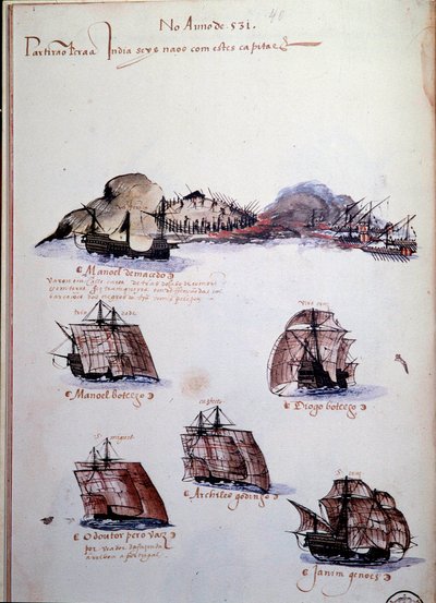 Kéziratos oldal „Emlékek Portugália armadáiról I. Mánuel király (1469-1521)” alatt, amely az 1497-es portugál flottákat képviseli. 1500 Lisszabon, Nemzeti Ókori Művészeti Múzeum alkotó: Portuguese School