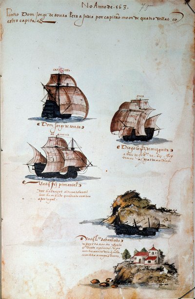 Kéziratos oldal „Emlékek Portugália armadáiról I. Mánuel király (1469-1521)” alatt, amely az 1497-es portugál flottákat képviseli. 1500 Lisszabon, Nemzeti Ókori Művészeti Múzeum alkotó: Portuguese School