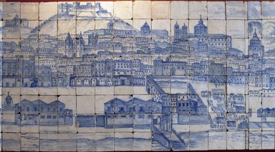 Panorámás kilátás Lisszabonra, az 1755-ös földrengés előtt - Azulejos 18. század eleje, tábla figyelmeztetés a lisszaboni Tentugal grófok egykori palotájára (Nagy lisszaboni panoráma az 1755-ös földrengés előtt, fajansz 18. század eleje, ősi palota alkotó: Portuguese School