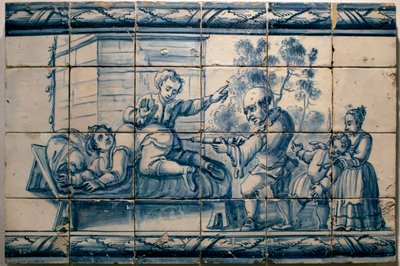 Az orvos beöntést készít a betegnek - Lisszaboni szatirikus panel, 18. század első fele (Orvos - Szatirikus panel, 18. század első fele) - Musee national des azulejos, Lisszabon (Portugália) alkotó: Portuguese School