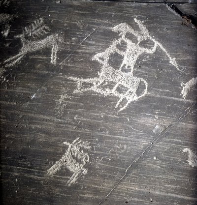 Camunni civilizáció, őstörténet, sziklaművészet: sírkő, vadászokat és szarvasokat ábrázol. Rocher de Naquane, Valcamonica (Val Camonica) alkotó: Prehistoric Prehistoric