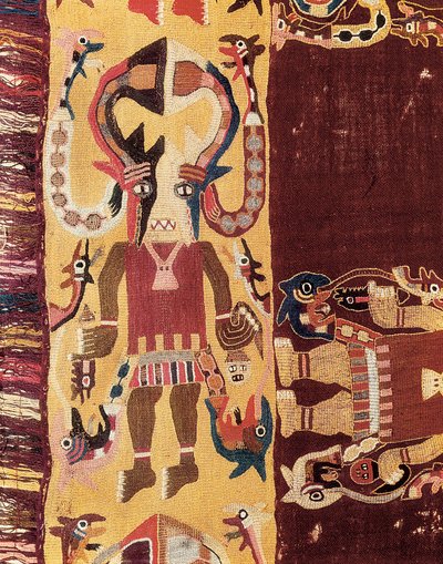 Kolumbusz előtti civilizáció: maszkot viselő szertartási tisztviselő. Kr.e. 300-100. Gobelin a perui Icáról. Limai Nemzeti Régészeti Múzeum, Peru. alkotó: Prehistoric Prehistoric