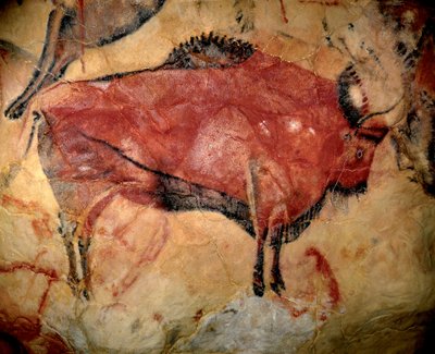 Őstörténet, felső paleolit ​​művészet: bölény vagy bölény, parietális festmény Altamira barlangjában (Spanyolország), szén és vörös okker, Kr.e. 35 000 és 11 000 között - A felső paleolitikum művészete - Festmény Altamira barlangjában, re , Faszén alkotó: Prehistoric Prehistoric