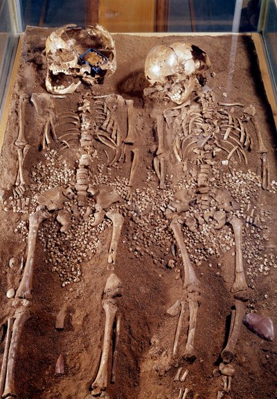 Őstörténet: Két gyermek csontváza. Kr.e. 30000-25000. A Grimaldi-barlangból. Saint Germain en Laye, Nemzeti Régészeti Múzeum alkotó: Prehistoric Prehistoric