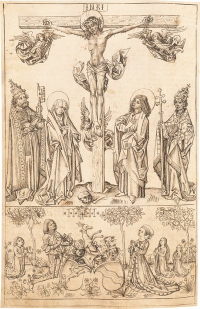 A keresztre feszítés a Szűzanyával és a szentekkel, valamint a Hungerstein családdal alkotó: Primary Master of the Strassburg Chronicle