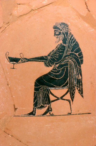 Ülő Dionüszosz részlete, görög tányér, Psiax festette, Kr.e. 520 körül alkotó: Psiax