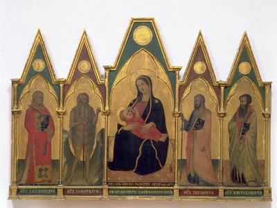 Alázatos Madonna szentekkel (tempera, tábla) alkotó: Puccio di Simone