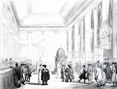 Bank of England, Great Hall, Ackermann „London mikrokozmosza” című művéből, 1809 (akvatinta) alkotó: Pugin and Rowlandson