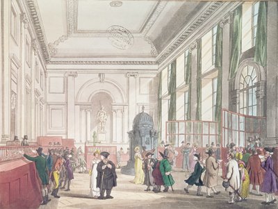 Bank of England, Great Hall, Ackermann „London mikrokozmosza” című művéből, 1809 (akvatinta) alkotó: Pugin and Rowlandson
