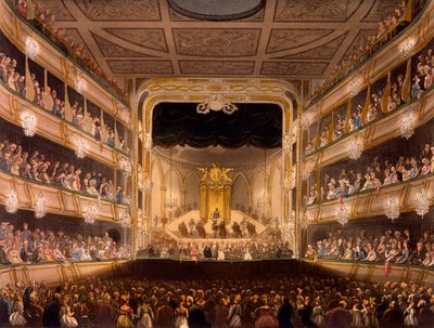 Covent Garden Színház, R. Ackermann London mikrokozmoszából, 1808 (kézzel színezett aquatinta) alkotó: Pugin and Rowlandson