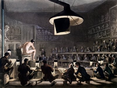 Rajz a Királyi Akadémia életéből, Somerset House, London, A londoni mikrokozmoszból, R. Ackermann, 1810 (színes akvatinta) alkotó: Pugin and Rowlandson