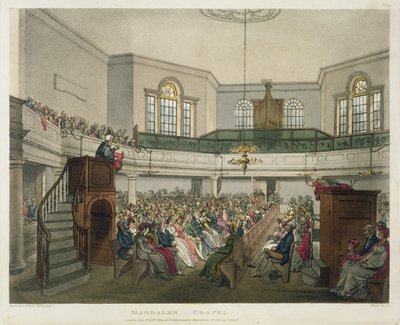 Magdalen-kápolna, „Ackermann londoni mikrokozmosza”, vésette: John Bluck (fl.1791-1831), 1809 (akvatinta) alkotó: Pugin and Rowlandson