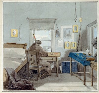 Munkában. Pavel Nashchokin (1801-?) házában (Moszkva). (Munkában. A Pavel Nashchokin Házban). Pjotr ​​(Pjotr) Fjodorovics Szokolov (Pierre Szokolov) (1791-1848) munkája, akvarell papíron alkotó: Pyotr Fyodorovich Sokolov