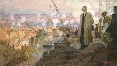 Maxim Gorkij (1868-1936) a "Dnyeprogesz" vízerőmű építésénél alkotó: Pyotr Ivanovich Kotov