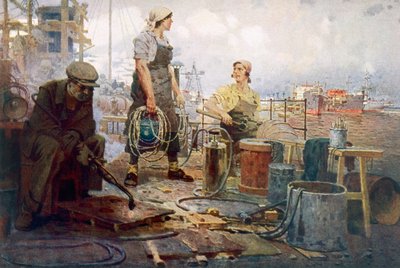 A vörös sormovói hajógyár, 1920 körül (színes litográfia) alkotó: Pyotr Ivanovich Kotov