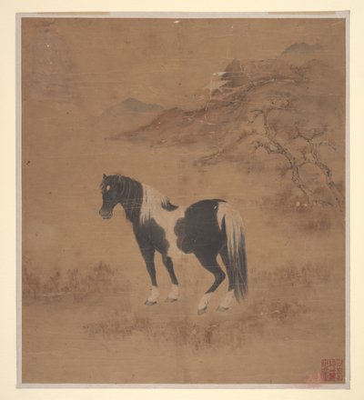 Ló és táj (albumlevél; szín selyemre) alkotó: Qing Dynasty Chinese School