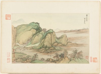 Tájképek régi mesterek után, 1674-es és 1677-es keltezéssel (tizenkét lapból álló album; tus és szín, papír) alkotó: Qing Dynasty Chinese School