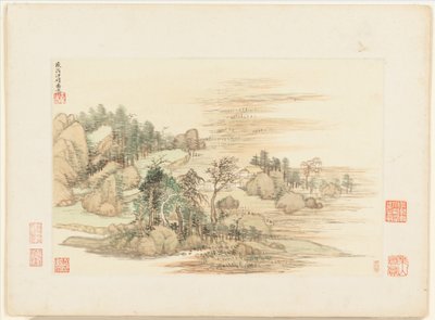Tájképek régi mesterek után, 1674-es és 1677-es keltezéssel (tizenkét lapból álló album; tus és szín, papír) alkotó: Qing Dynasty Chinese School
