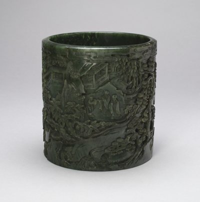 Brushpot tudósokkal és kísérőkkel a hegyvidéki tájon (jáde faragott díszítéssel) alkotó: Qing Dynasty Chinese School