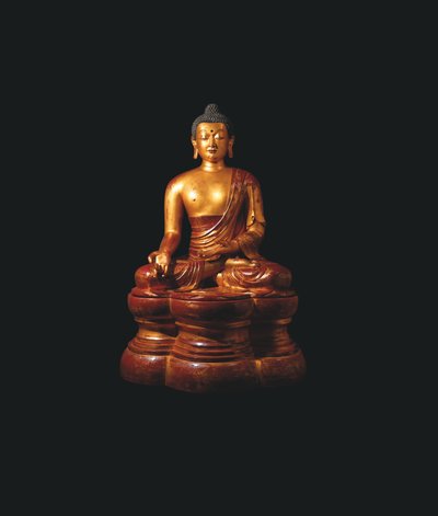 Monumentális birodalmi, aranyozott, lakkozott fából készült Medicine Buddha figura alkotó: Qing Dynasty Chinese School