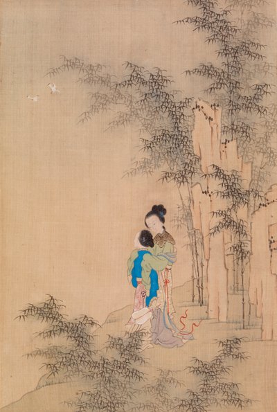 Két alak ölelkezik a tájban alkotó: Qiu Ying