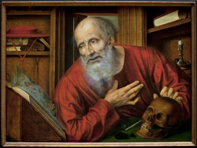 Szent Jeromos a cellájában. Quentin Metsys (Quinten Massys) (1466-1530) festménye, a 16. század első fele, flamand primitív művészet. Kunsthistorisches Museum, Bécs, Ausztria. alkotó: Quentin Massys or Metsys
