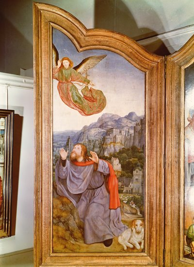 A Szent rokonság vagy a Szent Anna oltárképe, a bal oldali panel részlete, amely az Angyali üdvözletet ábrázolja Joachimnak, 1509 alkotó: Quentin Massys or Metsys