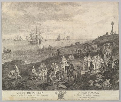 Hal árusítása Scheveningen Vente de Poisson a Schevelinghe [sic] festménye után a... alkotó: Quentin Pierre Chedel