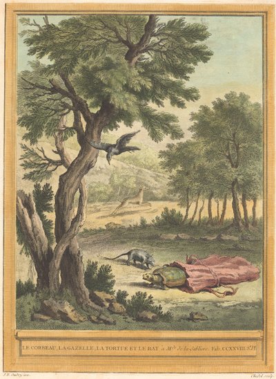 A varjú, a gazella, a teknős és a patkány (A varjú, a gazella, a teknős és a alkotó: Quentin Pierre Chedel after Jean Baptiste Oudry