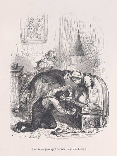 Már csak az áldott csomagtartót kell bezárni! Az emberi élet kis nyomorúságaiból, 1843. alkotó: Quichon