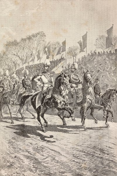 A vezérkari főnökök bevonulnak a felvonulási területre, a német koronaherceg (a leendő III. Frigyes) római látogatásának ünnepe, metszet Quinto Cenni rajzából, a L