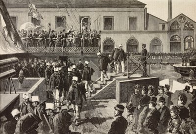 Olasz katonák felszálló hajóra Washington, Nápoly, Olaszország, harmadik olasz expedíció a Vörös-tengeren, metszet Quinto Cenni rajzából és M. Del Don vázlata, L