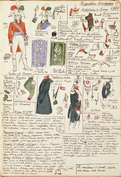 Katonai egyenruhák a Cisalpin Köztársaság idején 1801-ből. Színtábla Cenni Quinto alkotó: Quinto Cenni