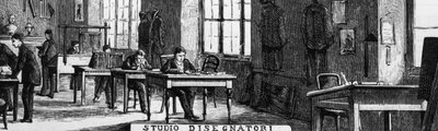 Treves testvérek irodái, tervezők osztálya, Milánó, Olaszország, Quinto Cenni illusztráció (1845-1917) a L