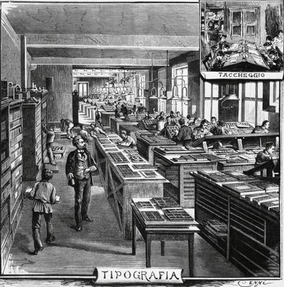 Treves testvérek irodái, tipográfia és fedőréteg, Milánó, Olaszország, Quinto Cenni (1845-1917) illusztrációja a L