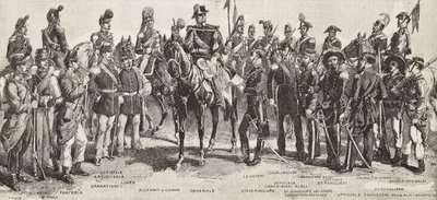 Piemonti hadsereg 1859-ben: gyalogosok, tüzérek, mérnökök, gránátosok, tisztek, tábornokok, lándzsások, lovasok, puskások, metszet Quinto Cenni rajzából, L